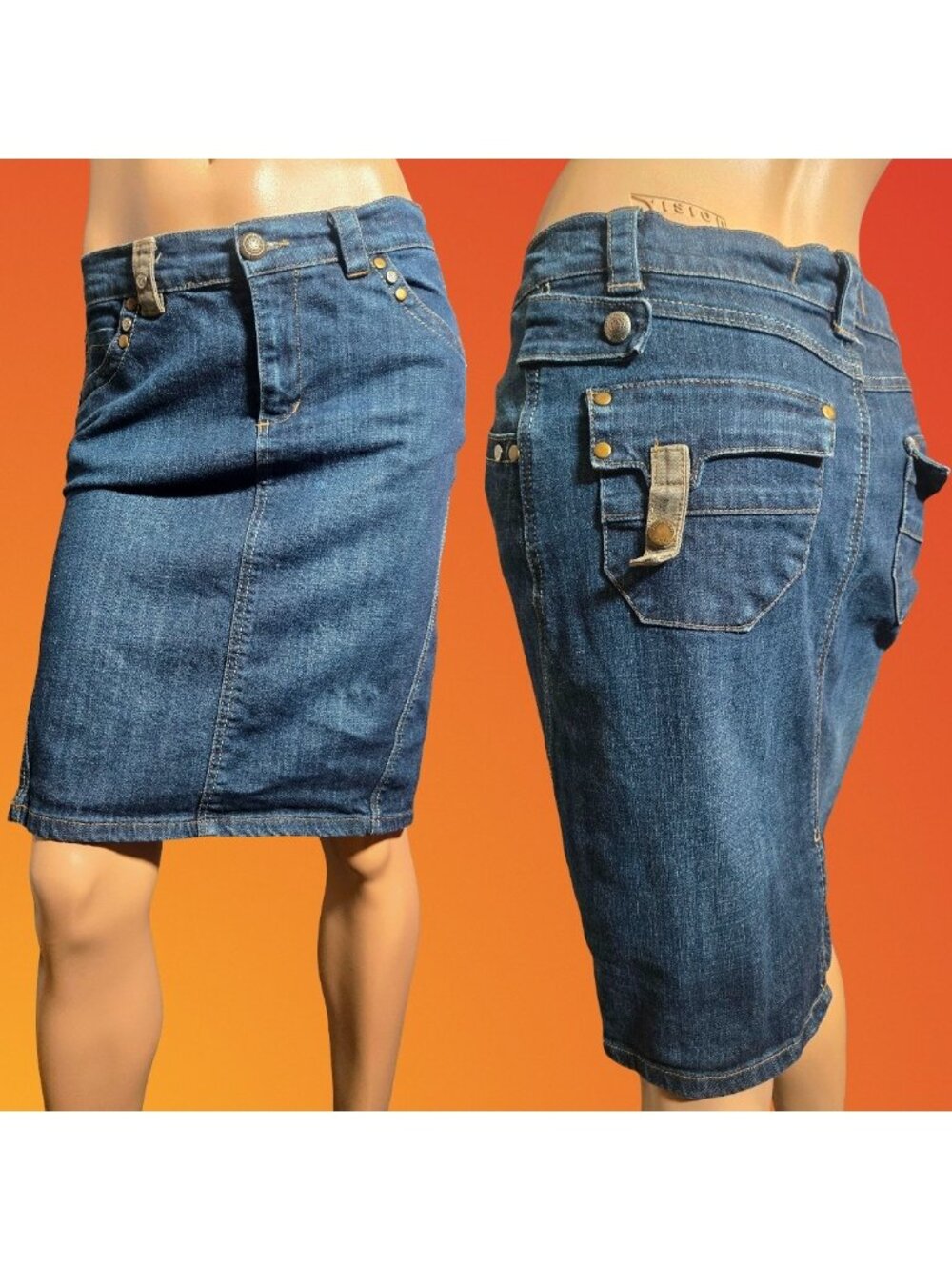 Y2K Euro Dolerto Jeans Low Rise Denim Pencil Skirt Flap Pockets Size S Blue